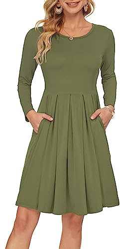 AUSELILY Damen Langarm Plissee Loose Swing Freizeitkleid mit knielangen Taschen Armeegrün M