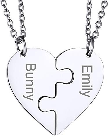 GoldChic Jewelry Heart Puzzle Necklace Personalised, Stainless Steel 2pc Jigsaw Pendant For Couples BFF