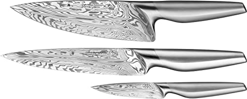 WMF Chef´s Edition Damasteel Messerset 3teilig, Made in Germany, 3 Messer geschmiedet, Küchenmesser, Performance Cut, Damaststahl 120-lagig, Holzbox