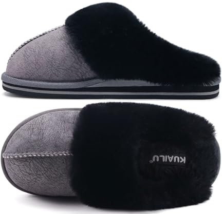KuaiLu Chausson Femme Hiver Peluche Fourrure Chaud Pantoufles Doublure Peluche Charentaise Confort Voute Plantaire Memory Foam Slippers Antidérapant Semelle Noir 37
