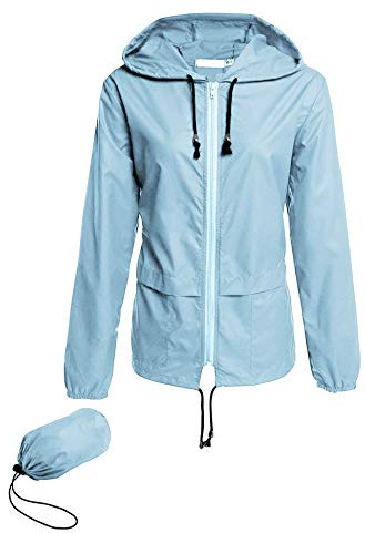 Lightweight Raincoat for Women Waterproof Packable Hooded Outdoor Summer Trench Windbreaker Jacket Pockets Zip Light Blue M