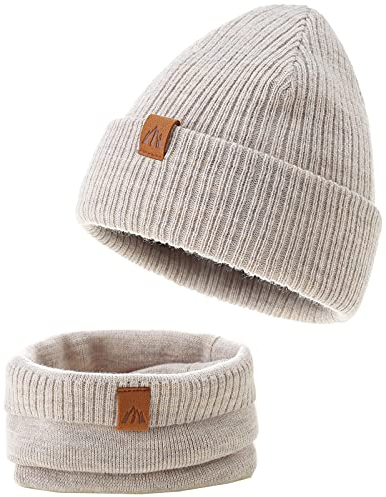 AHAHA Baby Mütze Jungen Stricken Baby Beanie Mütze und Schal Set Warm Wintermütze Baby Beige