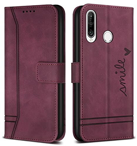 Bravoday Hülle für Huawei P30 Lite/Huawei Nova 4E, PU Ledertasche Handyhülle Flip Schutzhülle Kompatibel mit Huawei P30 Lite/Huawei Nova 4E, mit Kartenfäch & Kickstand, Weinrot