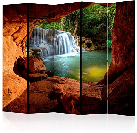 murando - Paravent Raumteiler Innen Landschaft 225x172 cm 5-teilig Einseitig Raumtrenner Trennwand Holz Mobiler Sichtschutz Spanische Wand Raum Abtrennung Wasserfall Grotte Dschungel c-C-0141-z-c
