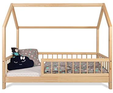 Kinderbett Bett Hausbett mit Rausfallschutz 100x200cm Latternost Bettgestell aus Kiefer Holz für Haus Kinder Jungen & Mädchen - Holzbett Baby Kinderzimmer Junge Deko