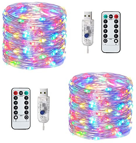 2 Stück LED Lichterkette, 120LED 12M / 40Ft 8 Modi USB lichterkette außen/innen Wasserdichte mit Fernbedienung für Schlafzimmer, Hof, Party, Hochzeit, Weihnachten, DIY etc [bunt]