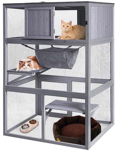 Wooden Cat House Outdoor Enclosure with 3 Floors and Weatherproof Roof Indoor Large Catio for Cats with Hammock & Resting Box