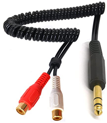 HUHANGGod Coiled 6.35mm to 2RCA Y Splitter Cable, Gold-Plated 1/4 inch Jack to RCA Adapter, Spring 6.35mm 1/4 inch TRS Stereo Jack Male to Dual RCA Female Plug Cable 80cm (6.35mm Male To 2RCA Female)