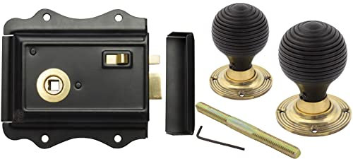 AB Hardware Old English Victorian Style Latch Lock Snib + Ebonised Beehive Rim Door Knob Set (Aged Brass)