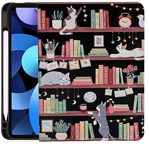 Rotierende Hülle für iPad (A16) 11. / 10. Generation 2025/2022, integrierter Stifthalter, PU-Leder, um 360 Grad drehbarer Ständer, automatische Wake/Sleep, Katze auf Bücherregal