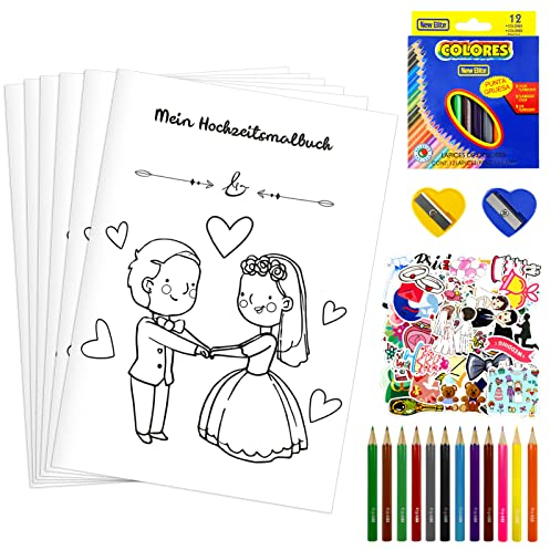 Hochzeitsmalbuch Kinder,6er Malbuch Hochzeit mit 50 Aufkleber,12 Buntstiften,2 Spitzer,Malbücher Hochzeit für Hochzeit Kinderbeschäftigung,Beschäftigung Kinder Hochzeit Spiele,Gastgeschenke Hochzeit