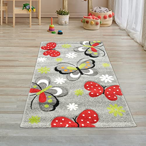 Teppich-Traum Kinderzimmer-Teppich mit niedlichen Schmetterlingen - lebendig & robust - grau, 80 x 150 cm