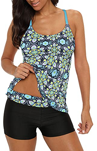 Zando Tankini Mujer Tallas Grandes, Traje De Baño De Dos Piezas Mujer Deporte, Parte Superior Con Pantalones Cortos, Azul Verdoso, 3XL