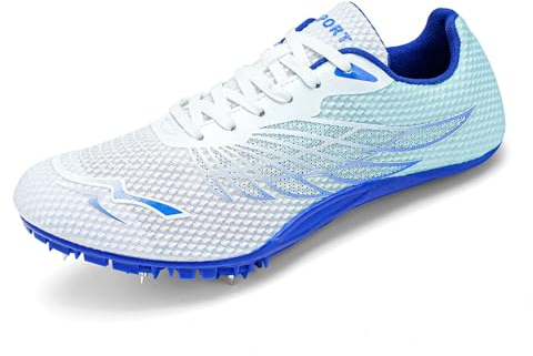 WESHIRUN Leichtathletikschuhe für Herren und Damen, 8 Spikes, Jungen und Mädchen, Kinder, Laufschuhe, Rennschuhe, Blau, 8 Women/6.5 Men