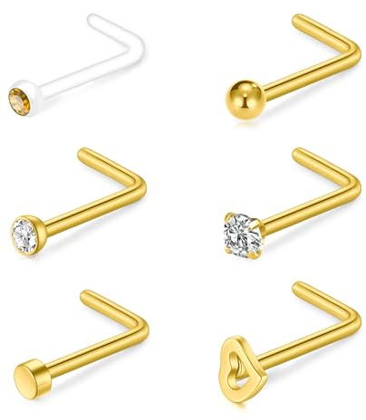 NIUSIMAN 20G Nasenpiercing Gold schmuck L Form Nasepiercing Stecker Chirurgenstahl Nostril Piercing Schmuck klare dünne kleine Nase Stud Ring mit Kristall für Mädchen Frauen Männer Nase Piercing