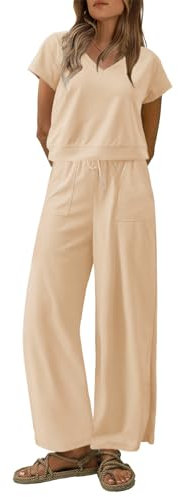 Vankovishion 2-teiliges Damen-Outfits, Lounge-Set, Sommer, kurzärmelig, Oberteil, weites Bein, Trainingsanzüge für Frauen mit Taschen, Beige-khaki, XL