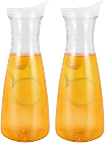 zilitol 2Pcs 1L Plastic Water Carafes with White Flip Tab Lids- Food Grade & Recyclable Shatterproof Pitchers - Juice Jar