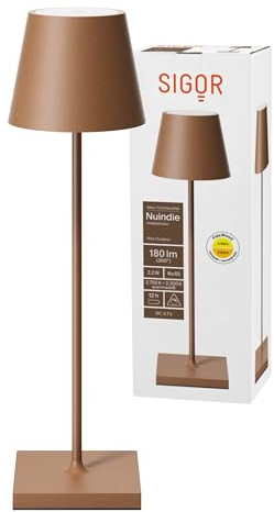 SIGOR Nuindie 2.0 - Dimmbare LED Akku-Tischlampe Indoor & Outdoor, IP54 spritzwassergeschützt, Höhe 38 cm, aufladbar mit USB-C, 12 h Leuchtdauer, mokkabraun