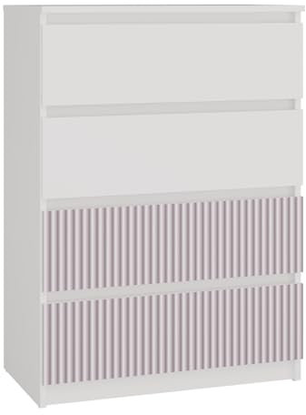 VBChome Commode 70 x 40 x 97 cm blanche – Commode rose avec 4 tiroirs pour chambre à coucher, chambre d'enfant, chambre d'enfant, moderne, élégante, blanche, deux façades roses avec motif imprimé