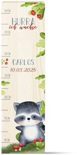 GRAVURZEILE Messlatte für Kinder aus Holz - Tiergruppe Wald - mit Namen für Kinderzimmer - Skala misst 80-140 cm - Größe 20 x 70 x 2 cm - Geschenk zur Geburt für Mädchen & Jungen - Waschbär