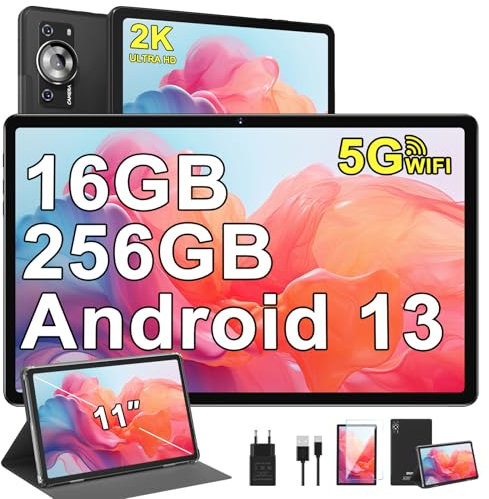 ZIOVO Tablet 11 Zoll 16GB RAM+256GB ROM/TF 1TB, Android 13 mit Octa-Core 2.0 GHz, 8600mAh, FHD 2000 * 1200, 5MP+13MP+2MP, 5G WLAN, BT 5.0, AGPS, Metallgehäuse Tablet, Schwarz