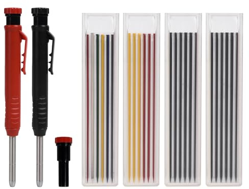 Tieflochmarker, 2.8mm Tischler Bleistifte Set 3 Stück Set | mit 26 Bleistiftminen (Eingebauter Anspitzer) Zimmermannsbleistift für Holzbearbeitung, Baustelle,Handwerker