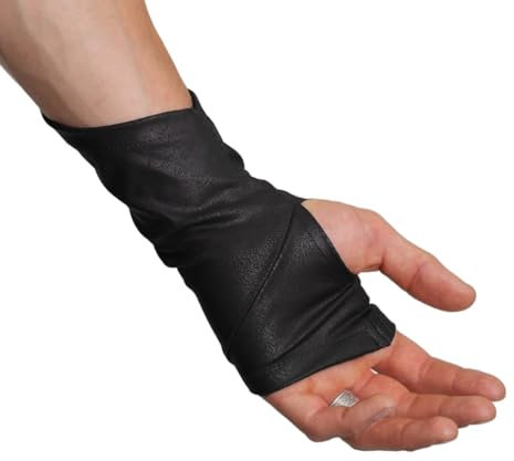 SIC HOODS Assassinen-Handschuhe, mittelalterlich, Ren Faire, fingerlos, Kunstleder, Daumenloch, Cosplay, Larp, Handgelenkschutz, Armschiene, Stulpe, Schwarz, Medium