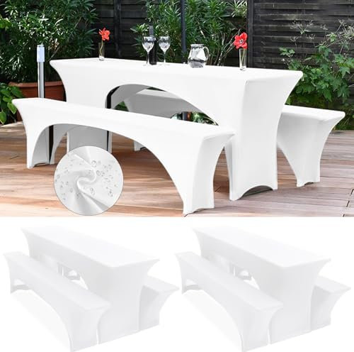 Zwei 3er-Set Biertischhussen 220 x 50 x 70 cm, hussen bierzeltgarnitur, weiß, Stretch-Bezüge für Biertisch- und Bankgarnituren, Bierbankhussen, Spandex-Bierzeltgarnitur für Bankett(wasserdicht)