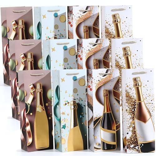 Aieino 12PCS Wine Bottle Gift Bags with Handles, Paper Gift Bags Reusable Single Bottle 4 Designs for Birthday, Christmas, Wedding, New Year, Anniversary, Graduation, Whiskey and Champagne Tote Bag