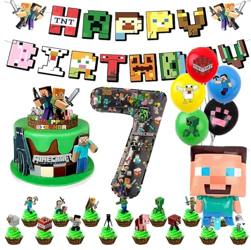Soanwind 7th Gaming Birthday Decorations Happy Birthday Balloon Banner Foil Balloons for Boy Cartoon Supplies Gaming Theme Party Supplies