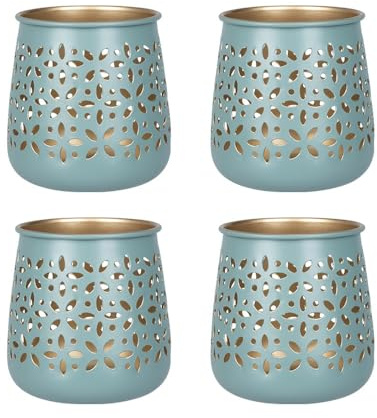 Ideen mit Herz Windlichter aus Eisen mit Blumen-Ornamentik | Teelicht-Halter | 9,5 cm hoch | Ø 8,6 cm | innen goldfarben | Beleuchtung Terrasse, Balkon, Garten | 4er Set (Petrol)