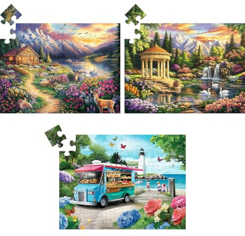 3 Pack 48 große Teile Puzzle für Senioren Alzheimer Puzzles Demenz Alzheimer Produkte Aktivitäten für ältere Erwachsene Berge Dorf Meer Einfaches Puzzle kognitive Spiele mit 3 Aufbewahrungstaschen