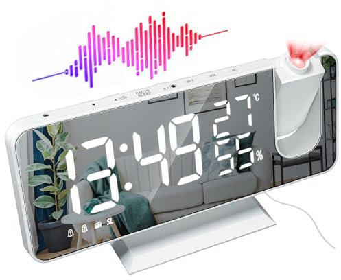 PZCC Reveil Projecteur Plafond, FM Radio Reveil Projection 180°,Alarmes Snooze Charge USB Reveil Numérique LED, 4 Niveaux de Luminosité12/24H Cadeaux de Noël pour Enfants