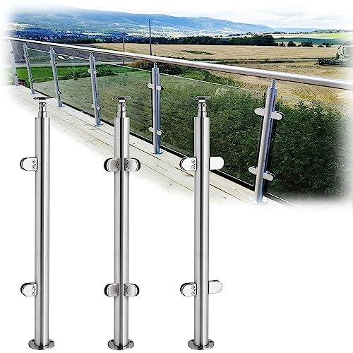 Stainless Steel Glass Stair Railing Post System with Glass Clamp Rubber Inserts and Silver Metal Balustrade for 6 17mm Toughened Glass 110cm/43inch End Post Ideal for 90 110CM Staircase Hand