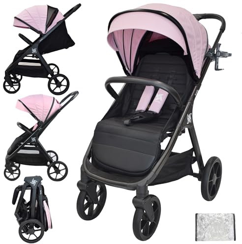 Twinly SPACELY, Poussette pour bebe à 22 kg, très grand et confortable, siège spacieux, très facile à plier, capote XXL avec filtre UPF-50, habillage pluie, landau inclinable (rose)
