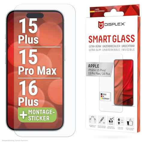 Schutzfolie mit Glasoberfläche für iPhone 16 Plus, 15 Pro Max, 15 Plus (9H) | DISPLEX Smart Glass, unzerbrechlich, kratzfest, 9H Härte, ultra-dünn, kristallklar, mit Montagehilfe