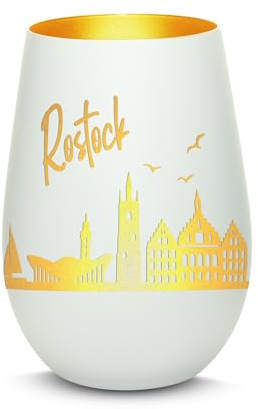 Gravur-Max Windlicht mit 360° Gravur Skyline Rostock Deko Glaslicht als tolles Geschenk mit Einer hochwertigen Lasergravur zu jedem Anlass in der Farbe Weiß/Gold