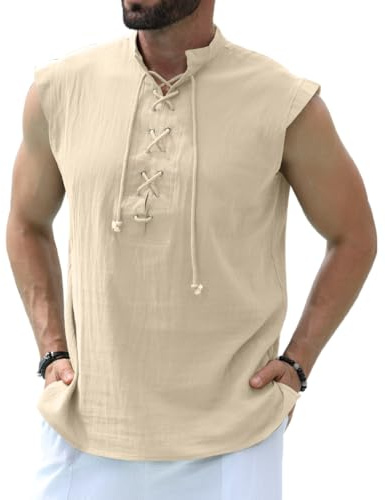 YAOBAOLE Chemise Homme Lin sans Manche Deguisement Medieval Chemise À Carreaux Costume Viking Kaki L