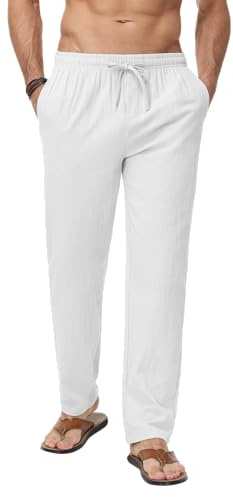 LVCBL Mens Summer Trousers Linen Casual Trousers White L