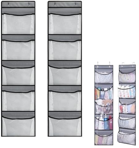 VLUVLA 2 Pack Over Door Storage Organiser, Hanging Storage Organizer with 5 Mesh Pockets Large Capacity Back of Door Storage for Bedroom, Bathroom, Closet