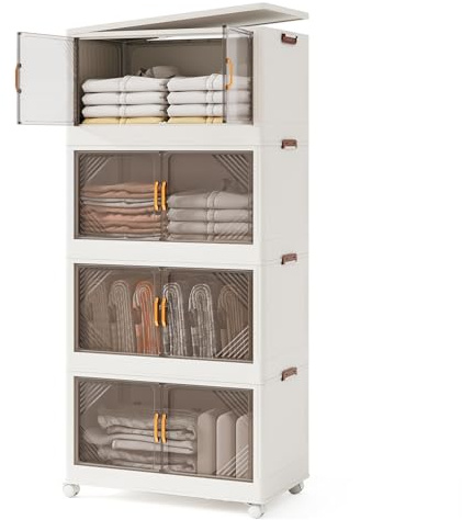 COSTWAY Aufbewahrungsboxen mit Deckel, Stapelbare Aufbewahrungsbehälter mit Rollen & Türen, Zusammenklappbarer Aufbewahrungsorganisator für Schlafzimmer, Wohnzimmer (284L, 65 x 39 x 142 cm)