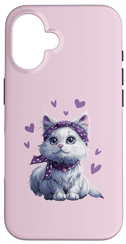 Kawaii cute white cat with a purple polka dot headband Case for iPhone 16