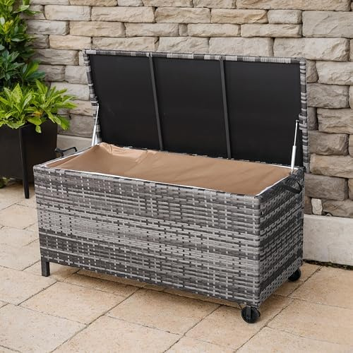 Rattan park Outdoor Wicker Storage Box, Grey Rattan Deck Box with Lid, Waterproof Garden Cushion Container (Grey, 122x56x61 CM)