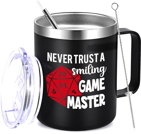 Livole Weihnachtsgeschenke für Männer, Gamer, Zocker, Brettspiel-Liebhaber, Brettspiel Brettspieler Tasse, Never Trust A Smiling Game Master, Gamer Geschenk Lustig, 12oz 350ml Thermotasse mit Henkel
