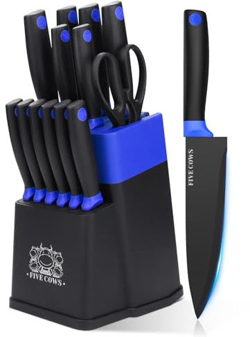 FIVE COWS Messerblock Set, mit 14-teilige, Küchenmesser Set, mit Selbstschärfender Messerblock, mit steakmesser und Schere, Beschichtung verhindert Oxidation, professionelles Set für Zuhause (Blau)