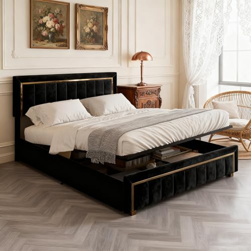 BRYXR Doppelbett 140 x 200 cm, Polsterbett mit Stauraum, Bett mit Lattenrost und Hydraulisch Stauraumbett, Bettgestell für Erwachsene und Jugendliche, Samt, Schwarz, Ohne Matratze