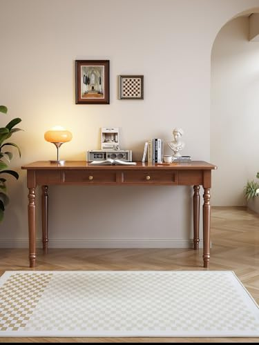 Schreibtisch mit Schublade aus Gummibaumholz Massivholz, 100cm Massivholz Computertisch Shabby Chic Schreibmöbel Unikat(Walnuss,39in)