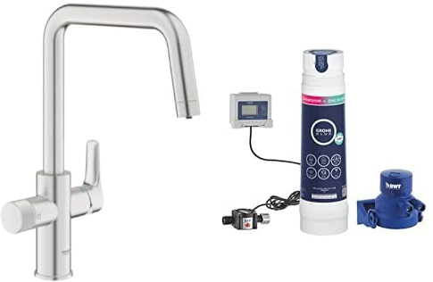 GROHE Blue Pure Eurosmart 3 Way Water Filter Tap (High U-Spout, Swivel Area 150°, Dedicated Filter Handle, 28mm Ceramic Cartridge, 3/8 Inch Tails, with Magnesium & Zinc Filter Starter Set), Supersteel