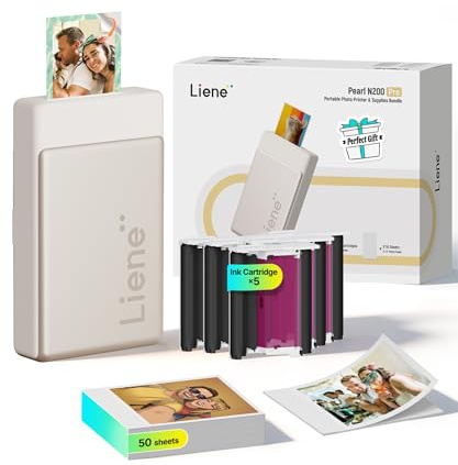 Liene Pearl N200 Pro Tragbarer Mini Fotodrucker mit Farbsublimation – Inkl. 50 selbstklebende Fotos (5x7,6 cm) & 5 Farbbänder, Bluetooth, 300 dpi, Sofortbilddrucker für iPhone & Android, Akku, in Gold