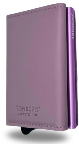 1ONESPO MAGNETIC PRO Portafoglio uomo VERA PELLE - Porta Carte di Credito uomo con Portamonete e Contanti - Protezione RFID 8 tessere, NAPPA Glicine